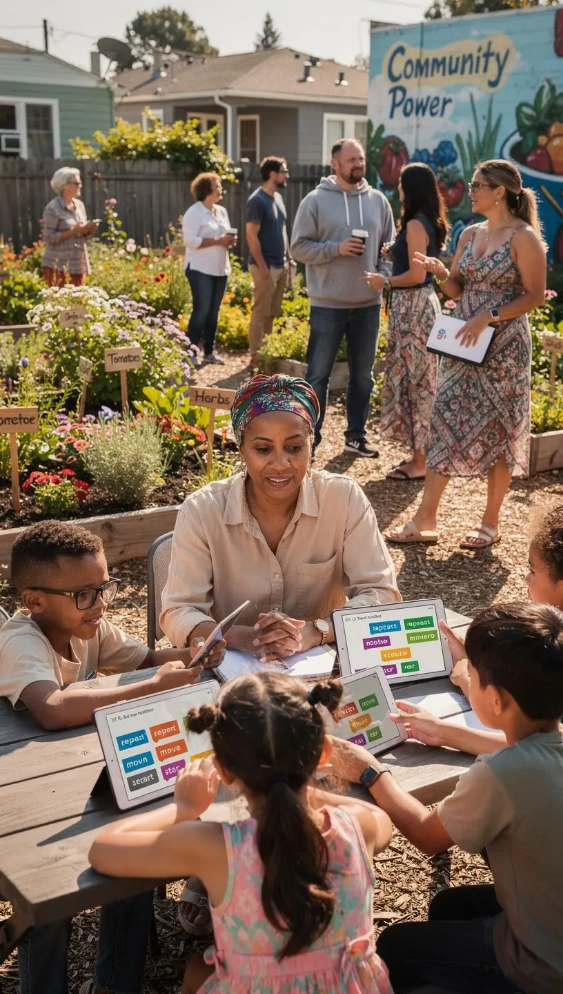 Neighborhood street with solar-powered charging stations for electric bikes and scooters