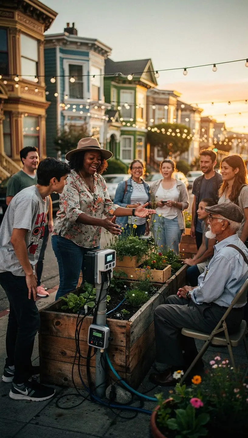 Technician installing energy-efficient smart lighting on a suburban street